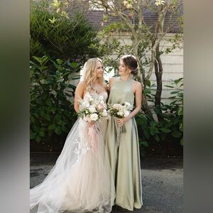 Revelry Sage wren satin gown